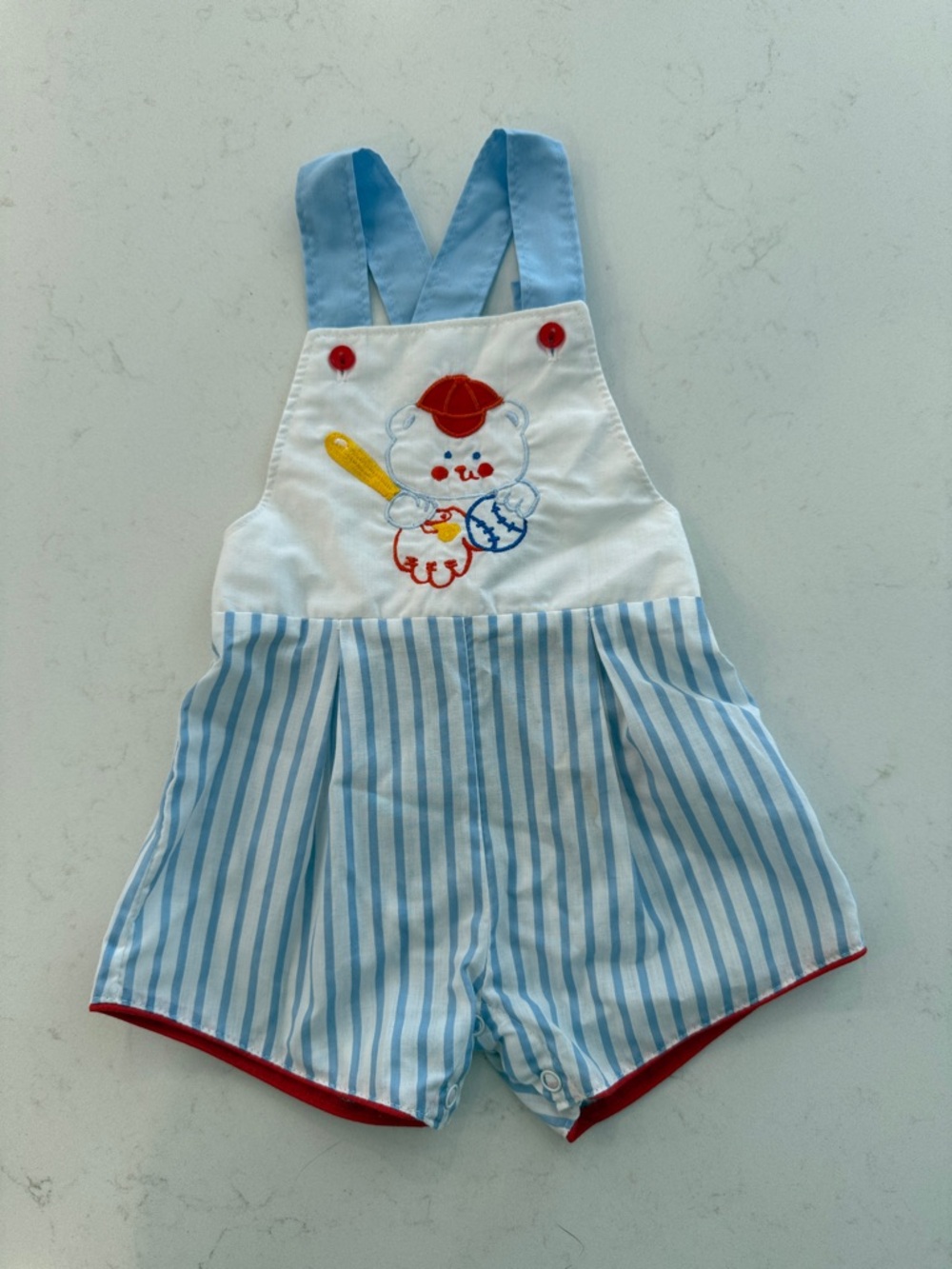 Vintage Blue & White Striped Baby Romper with Bear Embroidery